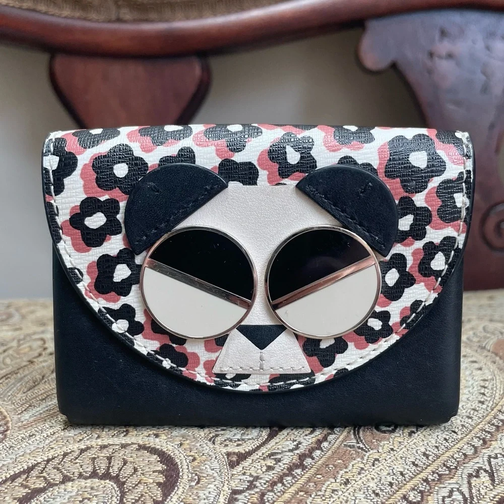Kate Spade Spademals Gentle Panda Black Leather Cardholder Wallet Case Leather